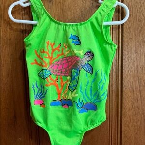 Green Kids Swim One Piece with Turtle Design